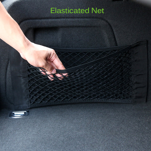 Bolsa de malha elástica para guardar coisas no porta-malas do carro, com suporte traseiro.