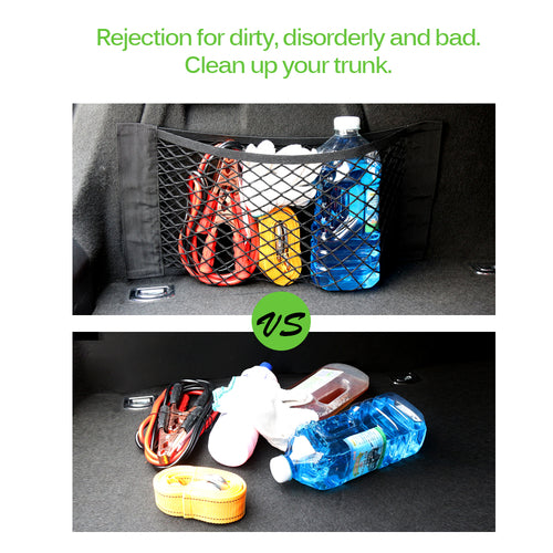 Bolsa de malha elástica para guardar coisas no porta-malas do carro, com suporte traseiro.