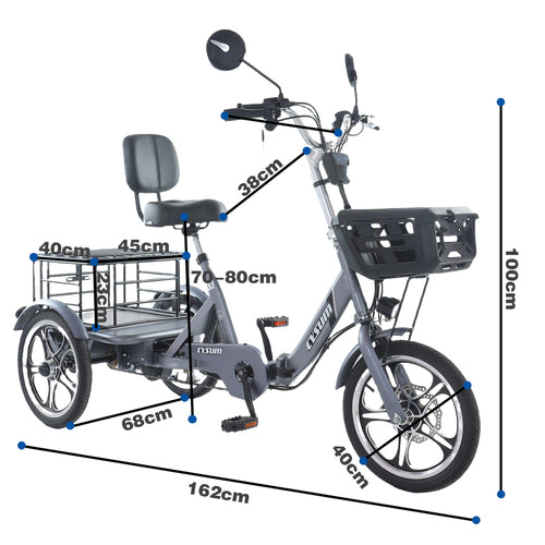 Triciclo elétrico dobrável de carga, 48V 400W, com pneus de 16 polegadas, ideal para idosos.